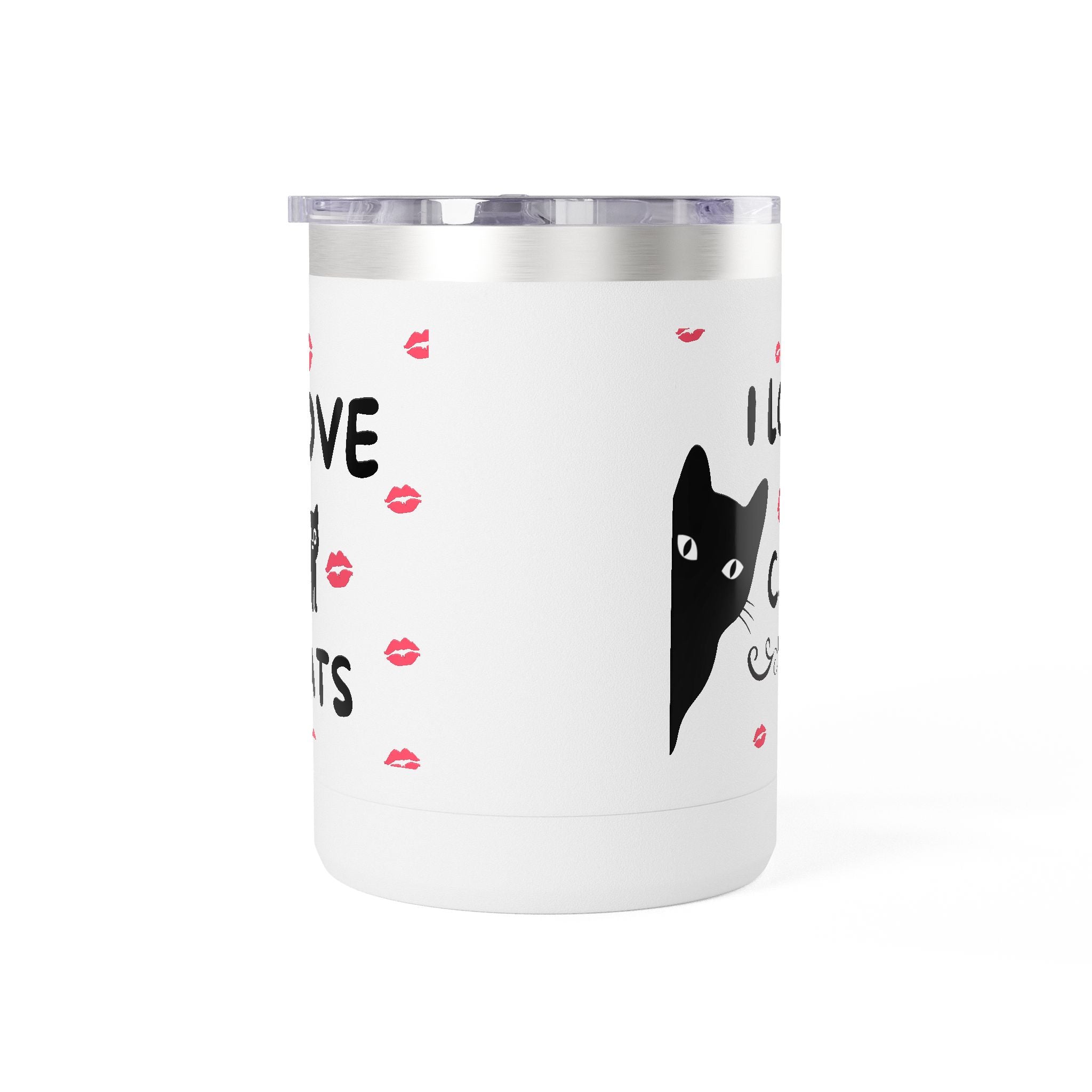 I Love Cats Travel Mug — 15oz Insulated Coffee Tumbler with Cute Cat & Kiss Design