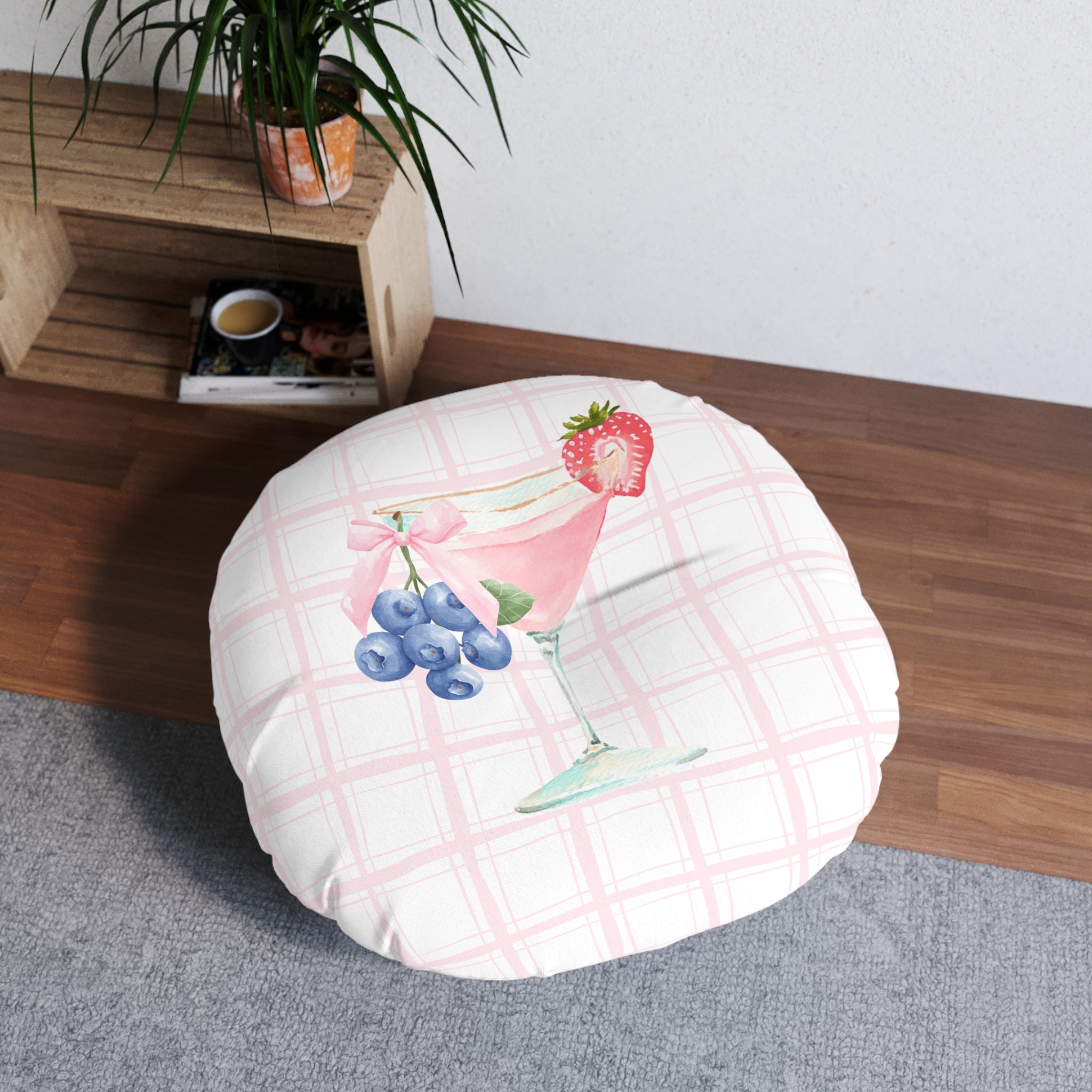 Round Tufted Floor Pillow — Pink Berry Cocktail Watercolor Design