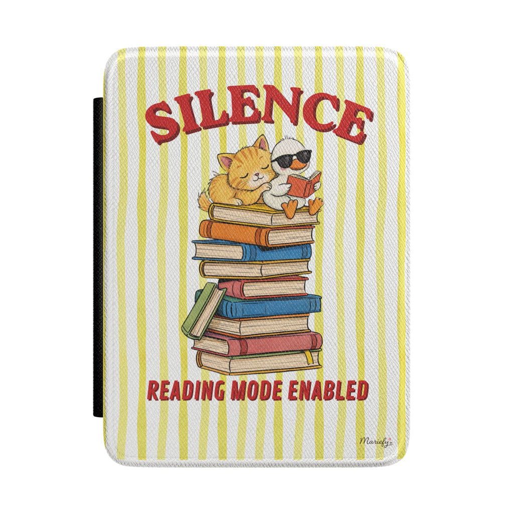Kindle Case — "Silence: Reading Mode Enabled" Cute Cat on Stack of Books Cover Case Girlie Kindle Paperwhite Case Minimalist Aesthetic
