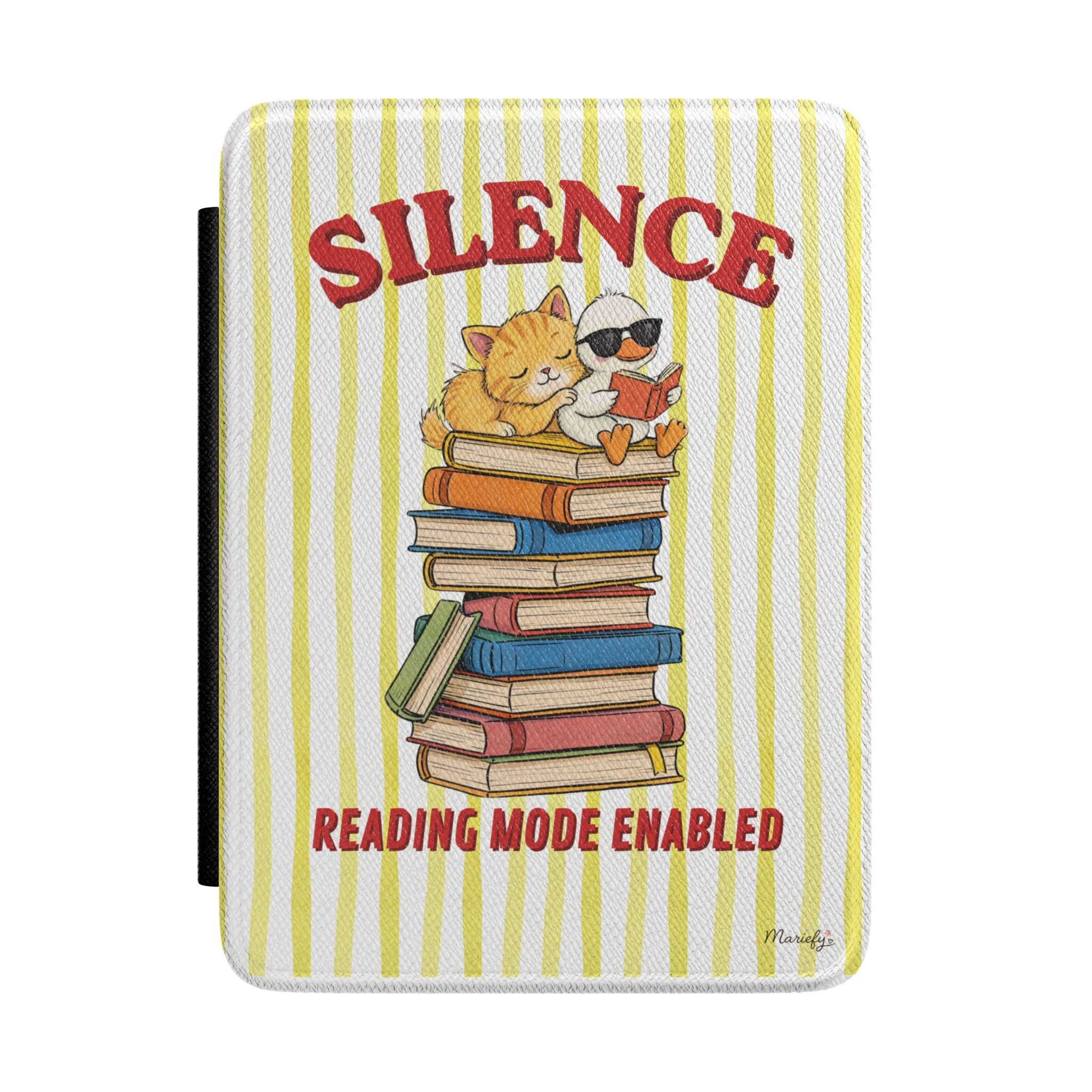 Kindle Case — "Silence: Reading Mode Enabled" Cute Cat on Stack of Books Cover Case Girlie Kindle Paperwhite Case Minimalist Aesthetic