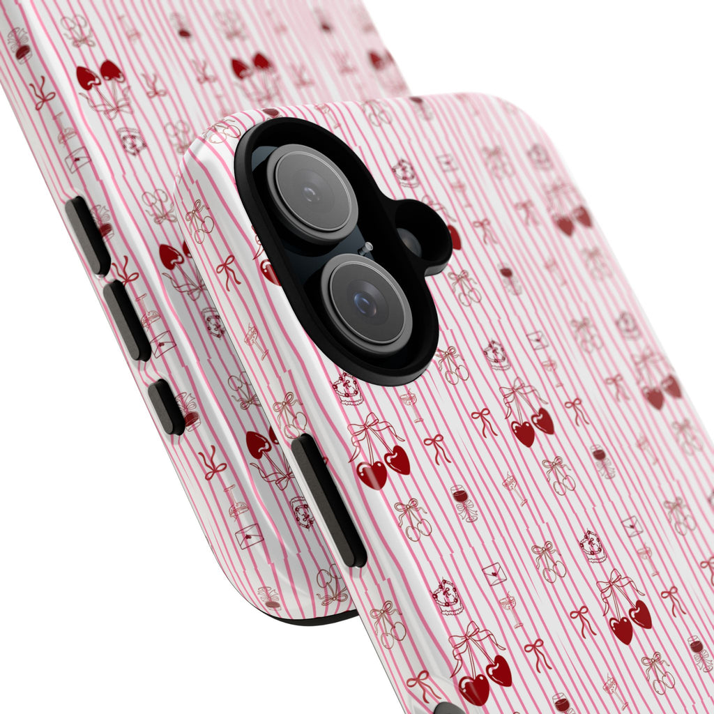 Cherry Pattern Phone Case — Cute Pink Heart & Cherry Design Tough Case