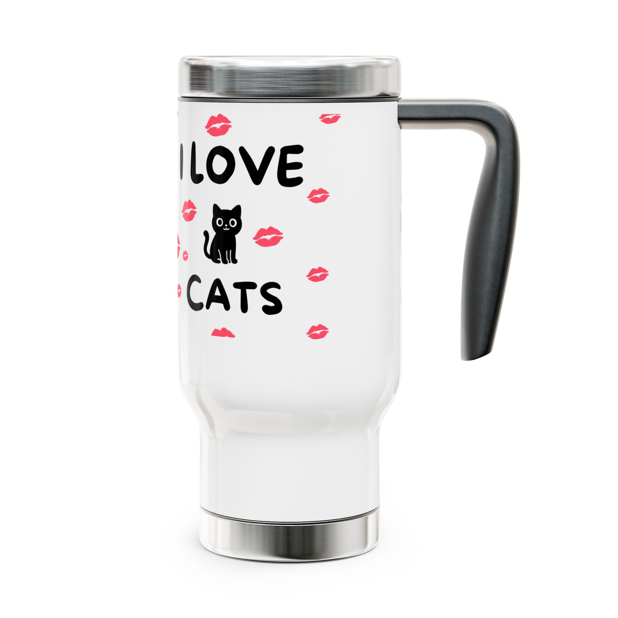I Love Cats 14oz Stainless Steel Travel Mug with Handle — Cute Cat & Kiss Print