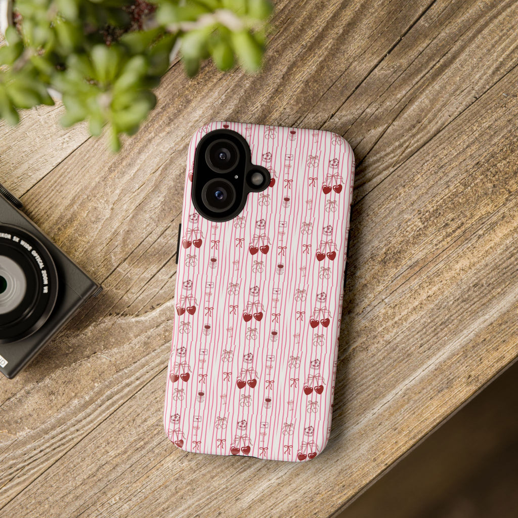 Cherry Pattern Phone Case — Cute Pink Heart & Cherry Design Tough Case