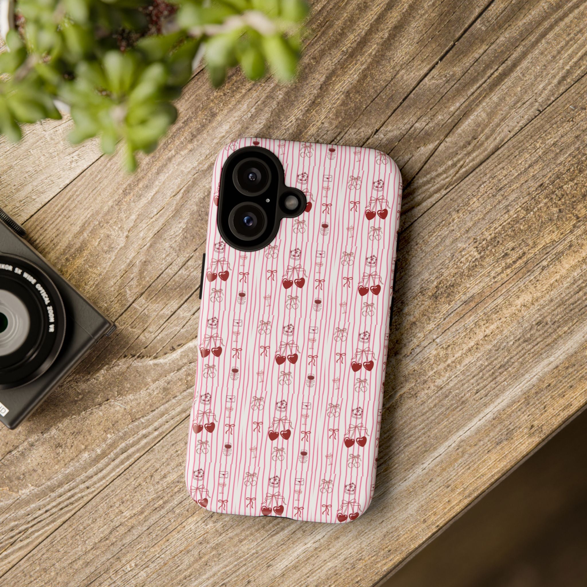 Cherry Pattern Phone Case — Cute Pink Heart & Cherry Design Tough Case