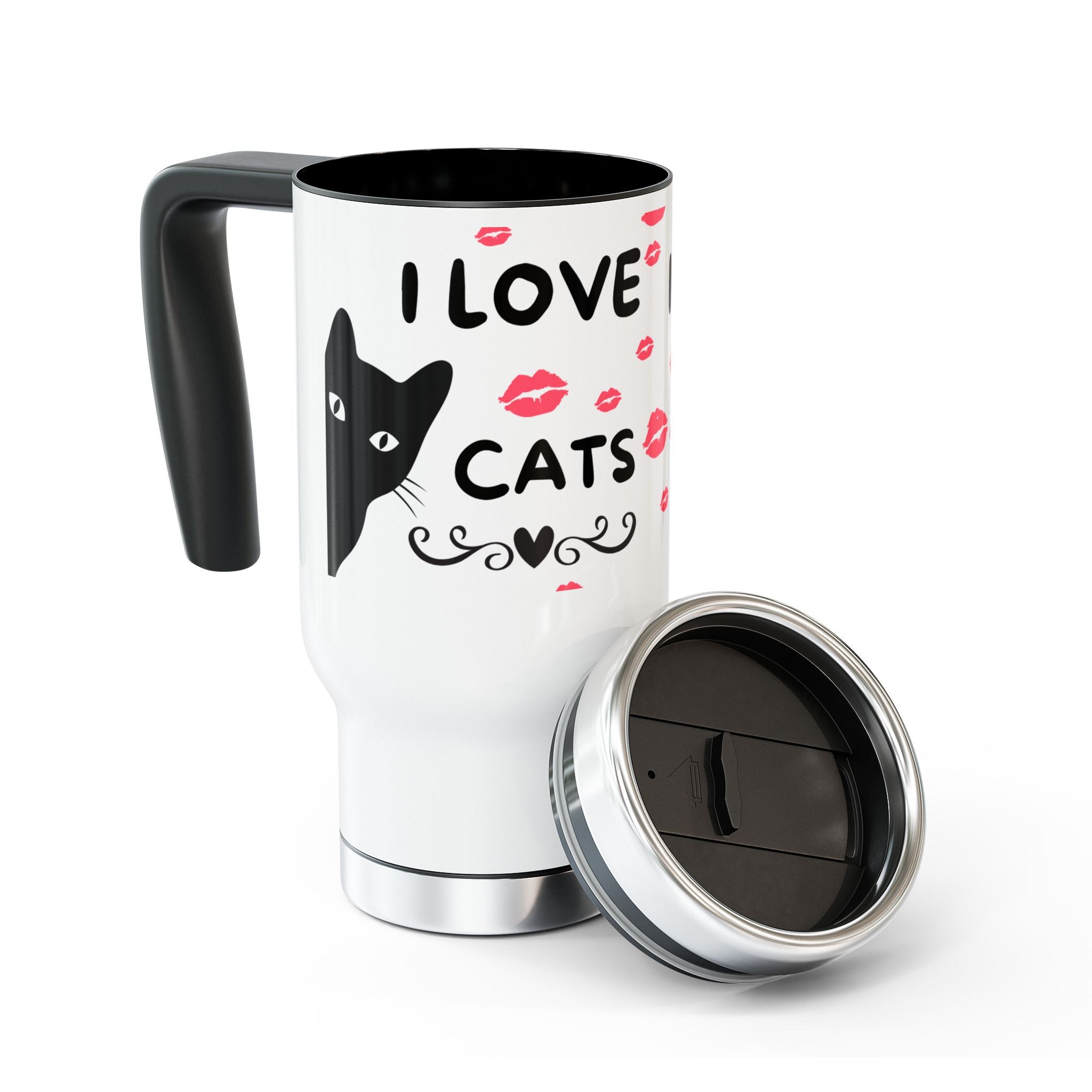 I Love Cats 14oz Stainless Steel Travel Mug with Handle — Cute Cat & Kiss Print