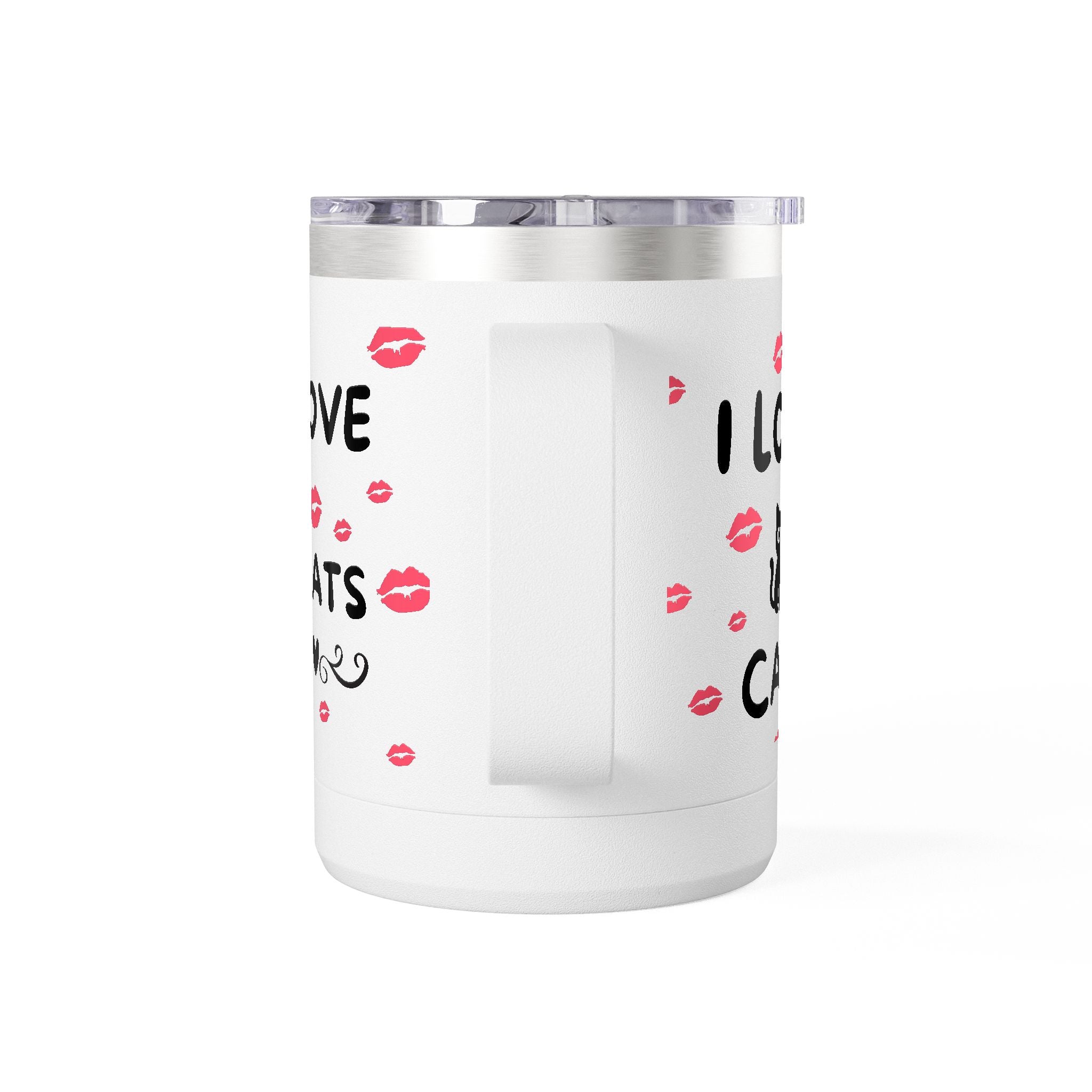 I Love Cats Travel Mug — 15oz Insulated Coffee Tumbler with Cute Cat & Kiss Design