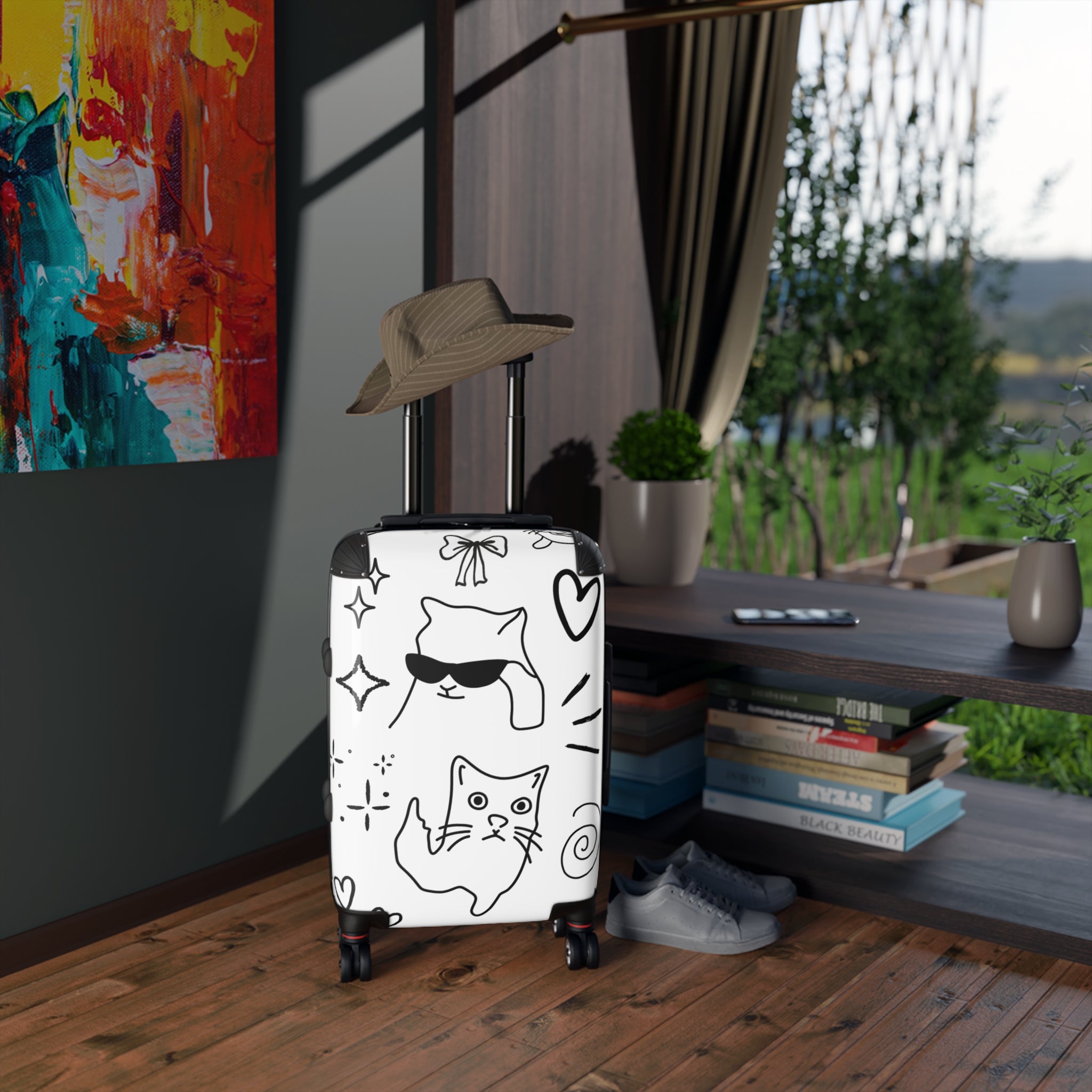Doodle Cats Suitcase — Cute Rolling Luggage with Sunglasses Design