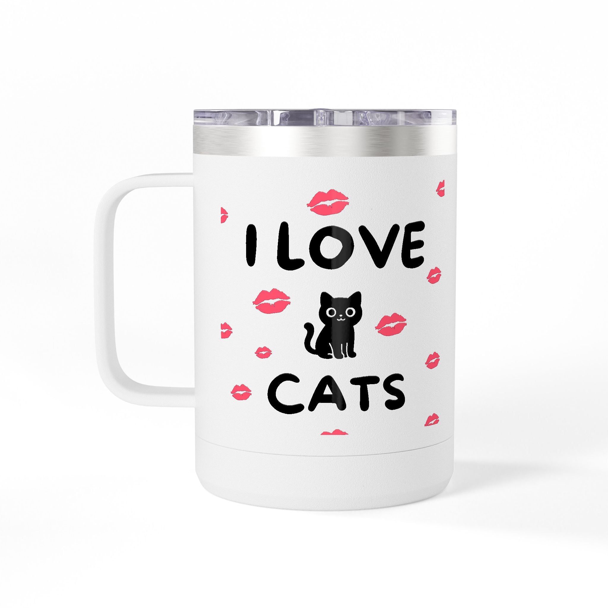 I Love Cats Travel Mug — 15oz Insulated Coffee Tumbler with Cute Cat & Kiss Design