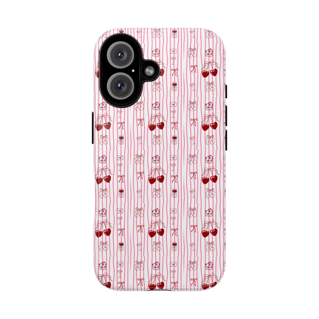 Cherry Pattern Phone Case — Cute Pink Heart & Cherry Design Tough Case