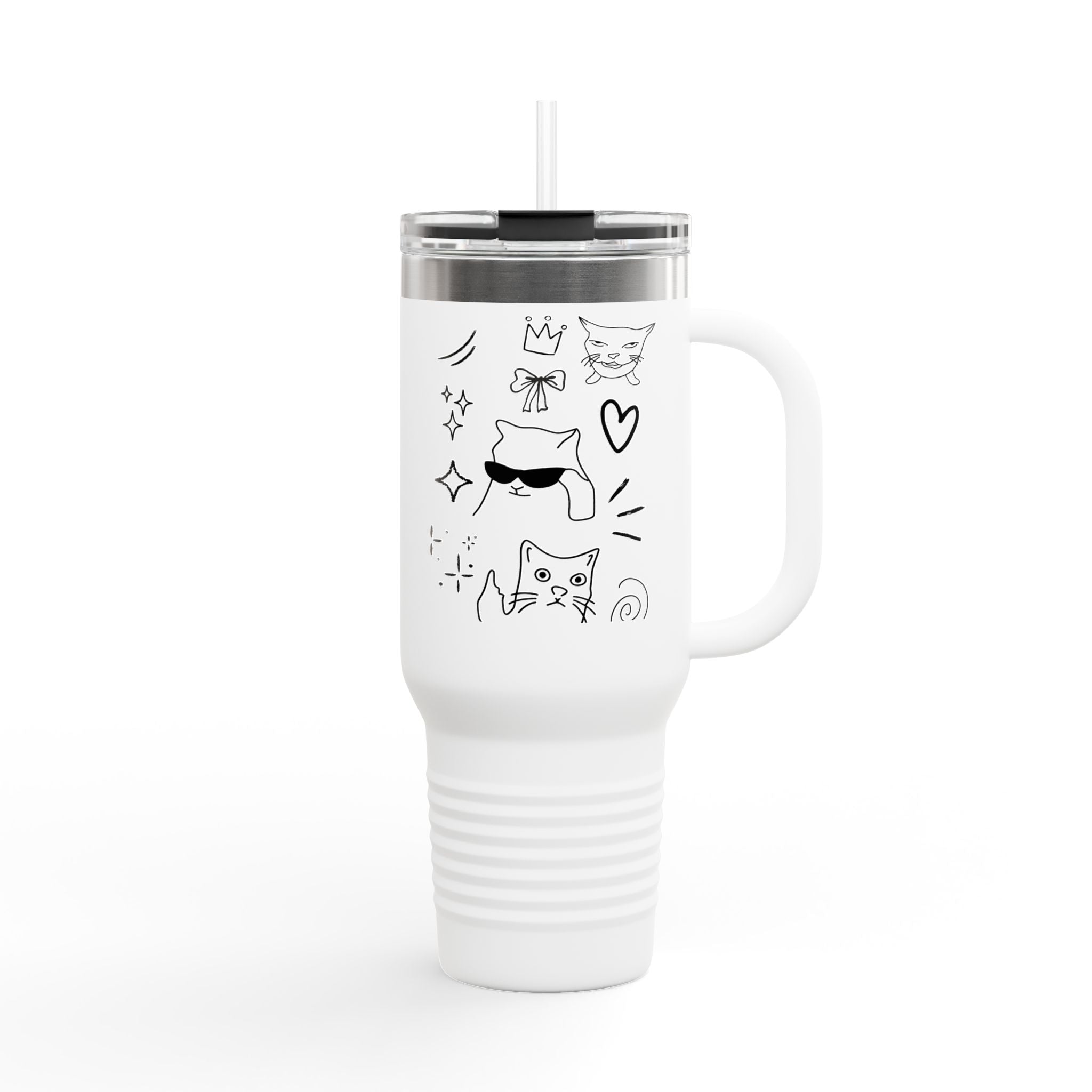 Doodle Cats Tumbler — Cute 40oz Insulated Travel Mug with Handle