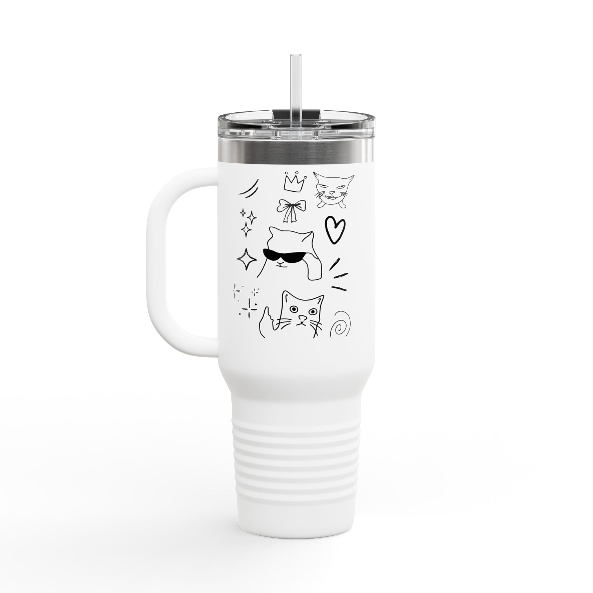 Doodle Cats Tumbler — Cute 40oz Insulated Travel Mug with Handle
