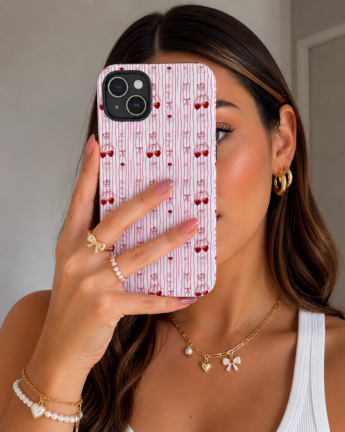 Cherry Pattern Phone Case — Cute Pink Heart & Cherry Design Tough Case