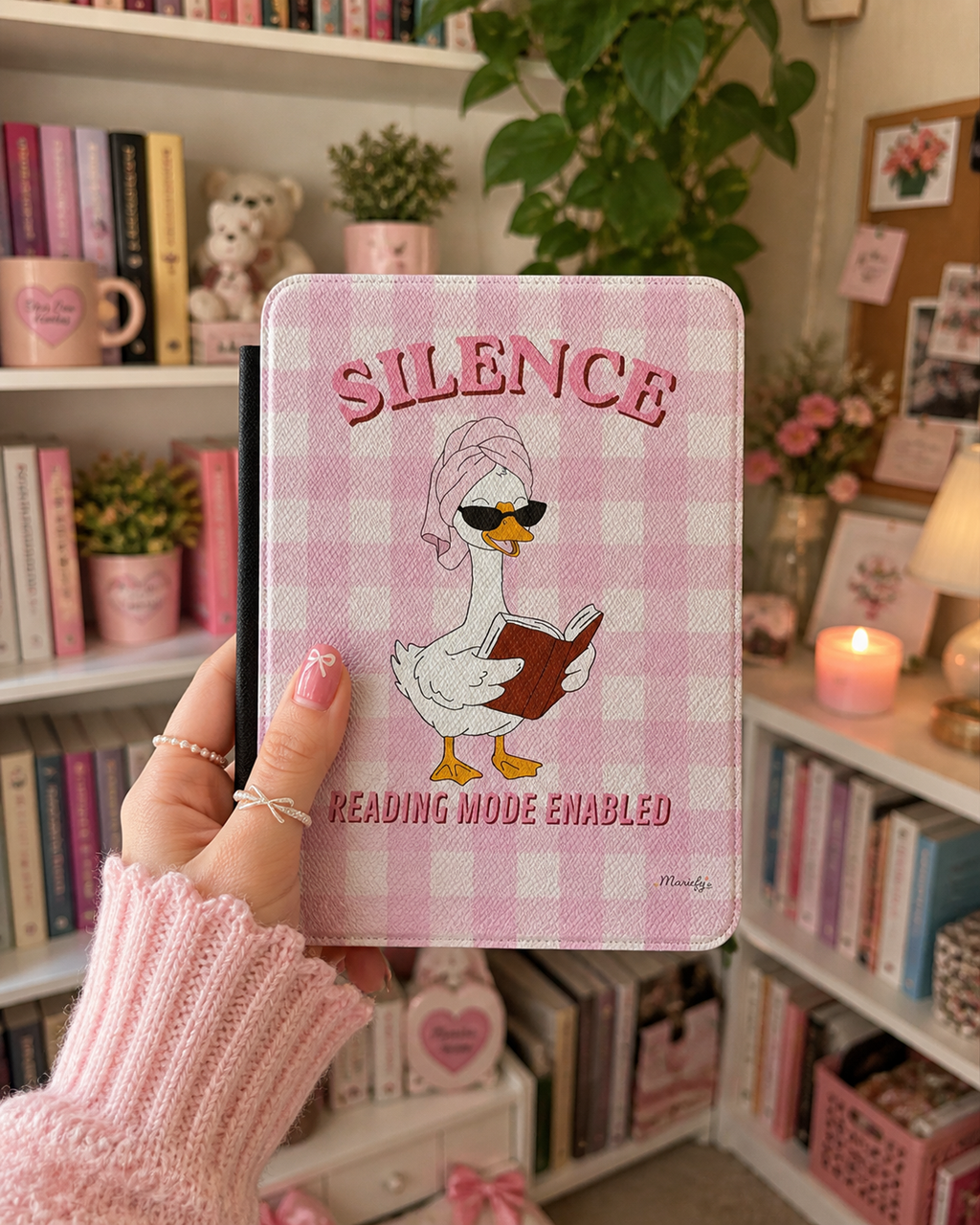 Kindle Case — “Silence: Reading Mode Enabled” Cute Duck Cover (Pink Gingham) Case Girlie Kindle Paperwhite Case Minimalist Aesthetic