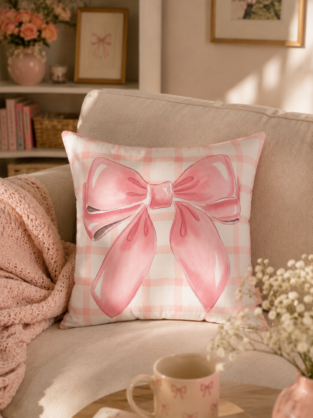 Pink Bow Plaid Pillow - Decorative Square Throw Pillow