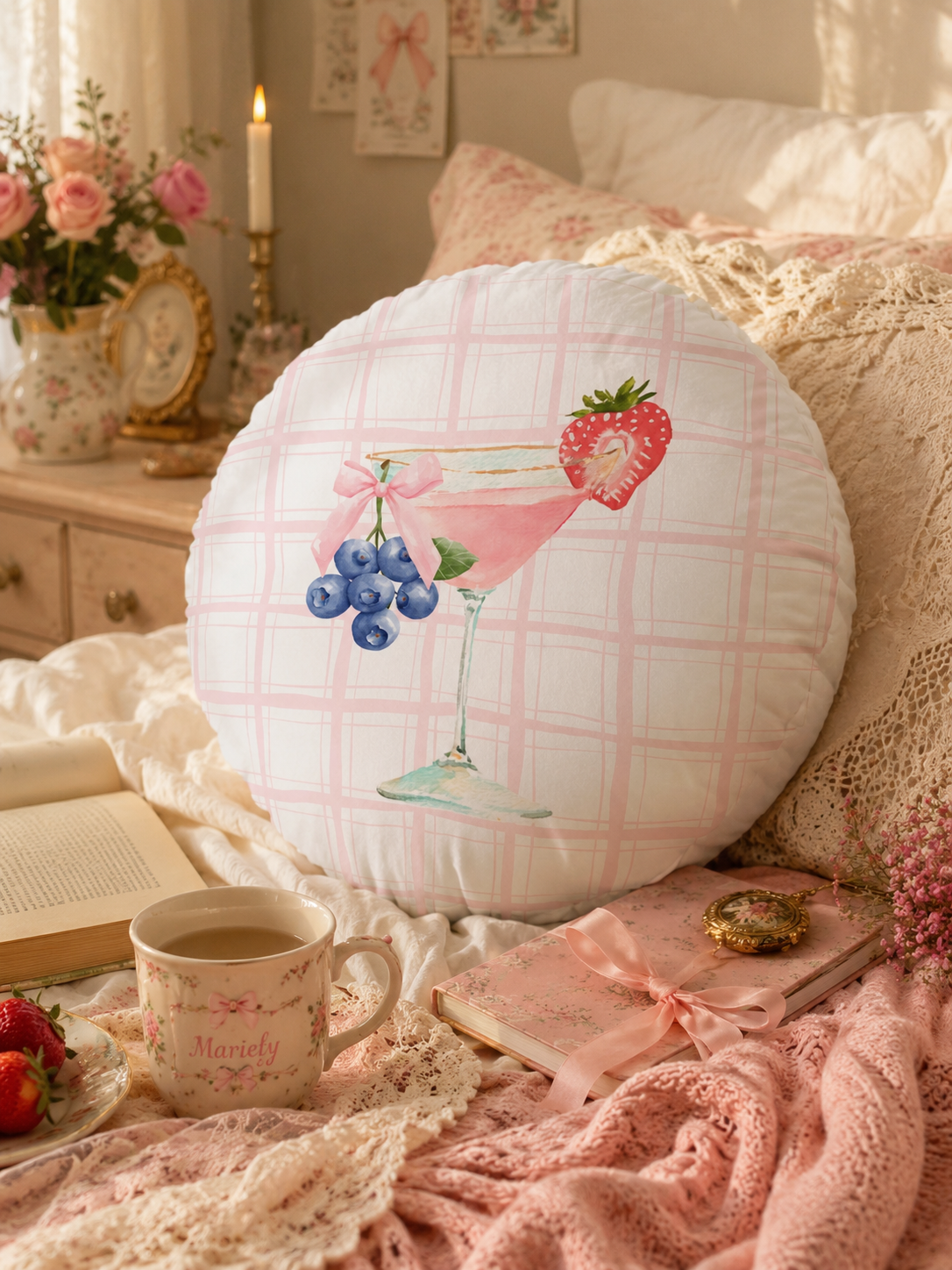 Round Tufted Floor Pillow — Pink Berry Cocktail Watercolor Design