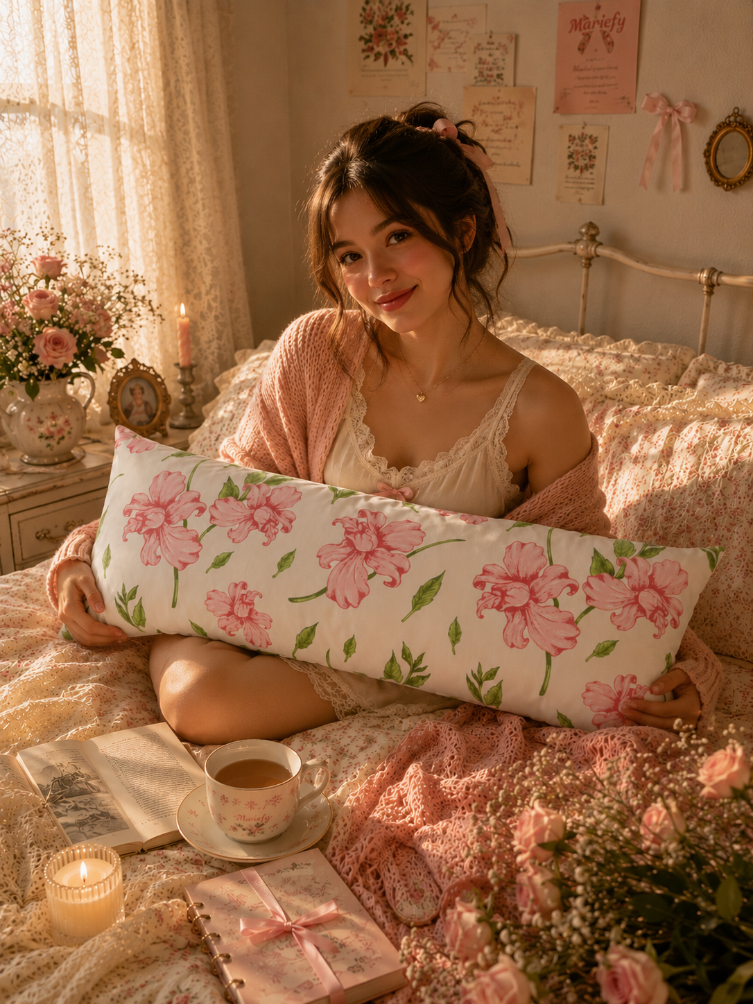 Floral Body Pillow — Pink Watercolor Peonies Decorative Long Pillow