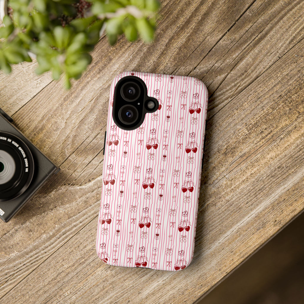 Cherry Pattern Phone Case — Cute Pink Heart & Cherry Design Tough Case