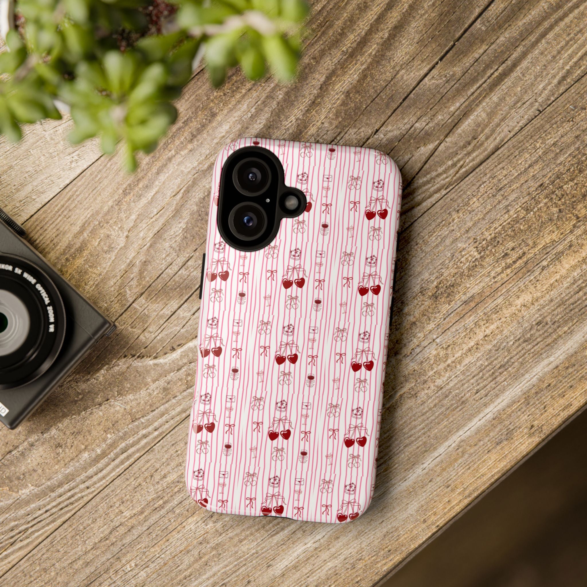 Cherry Pattern Phone Case — Cute Pink Heart & Cherry Design Tough Case