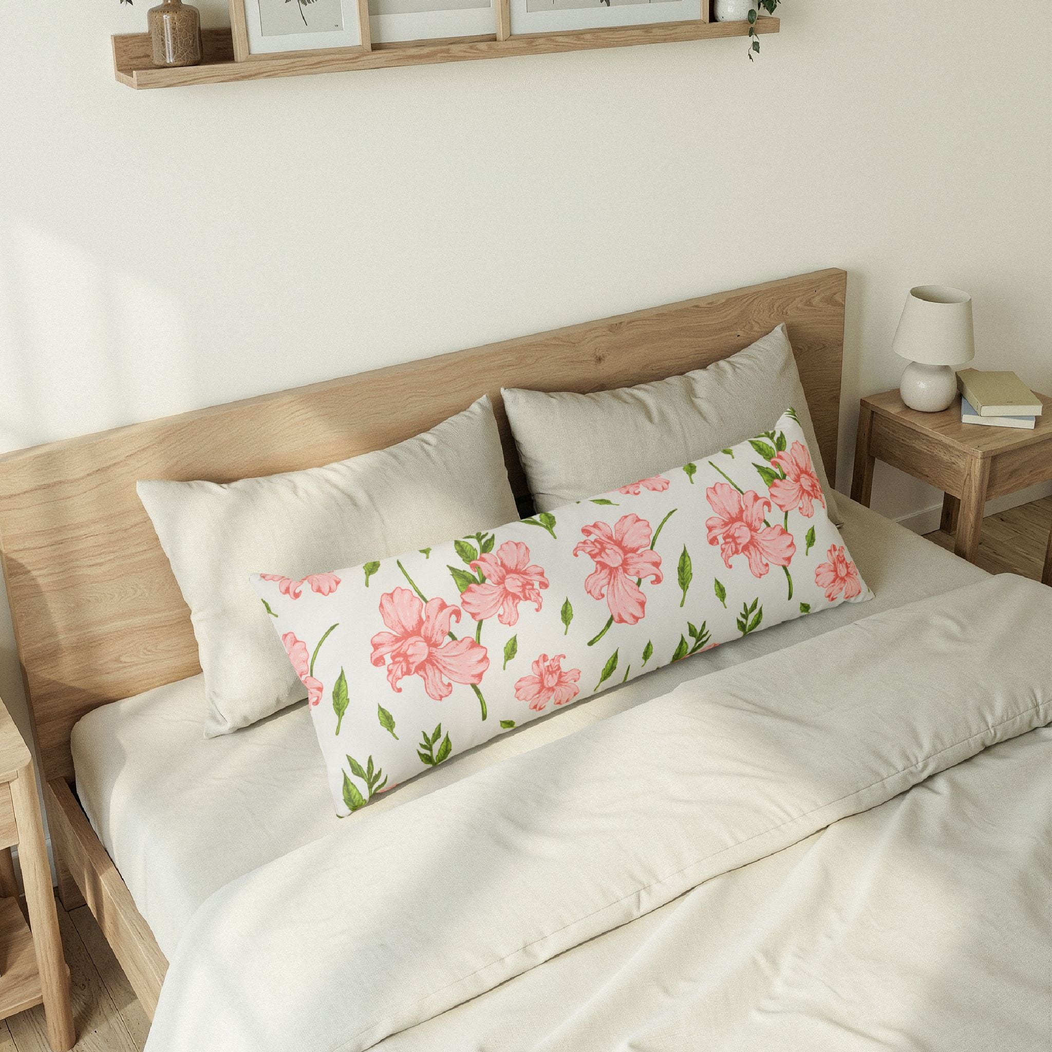 Floral Body Pillow — Pink Watercolor Peonies Decorative Long Pillow