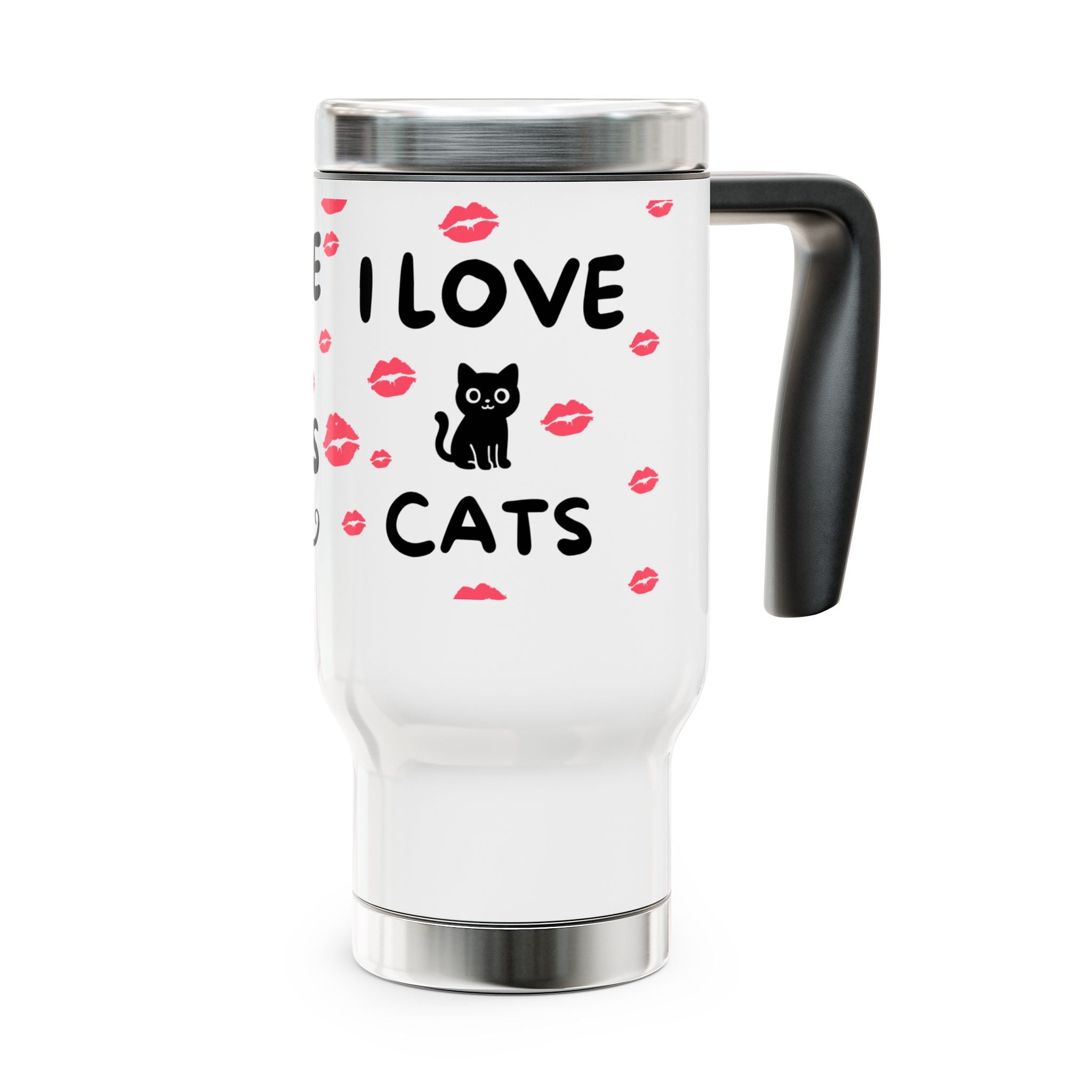 I Love Cats 14oz Stainless Steel Travel Mug with Handle — Cute Cat & Kiss Print