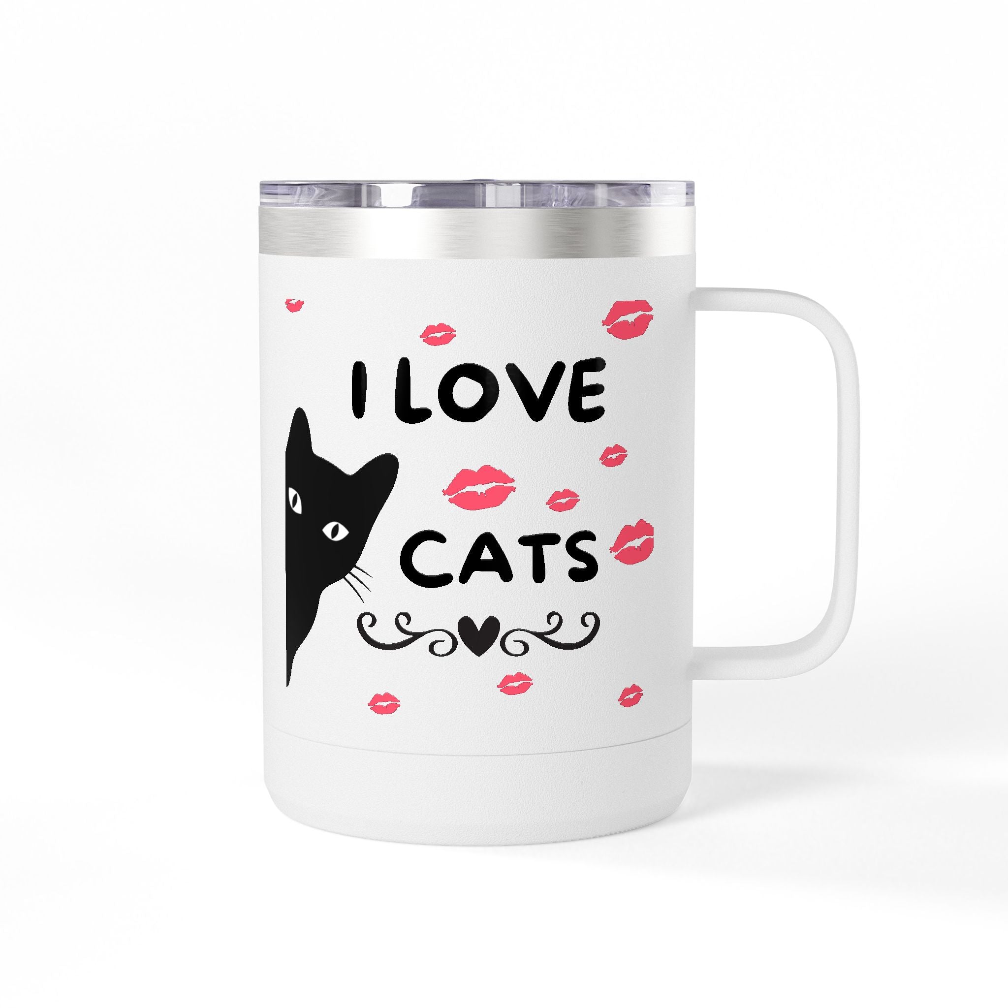 I Love Cats Travel Mug — 15oz Insulated Coffee Tumbler with Cute Cat & Kiss Design