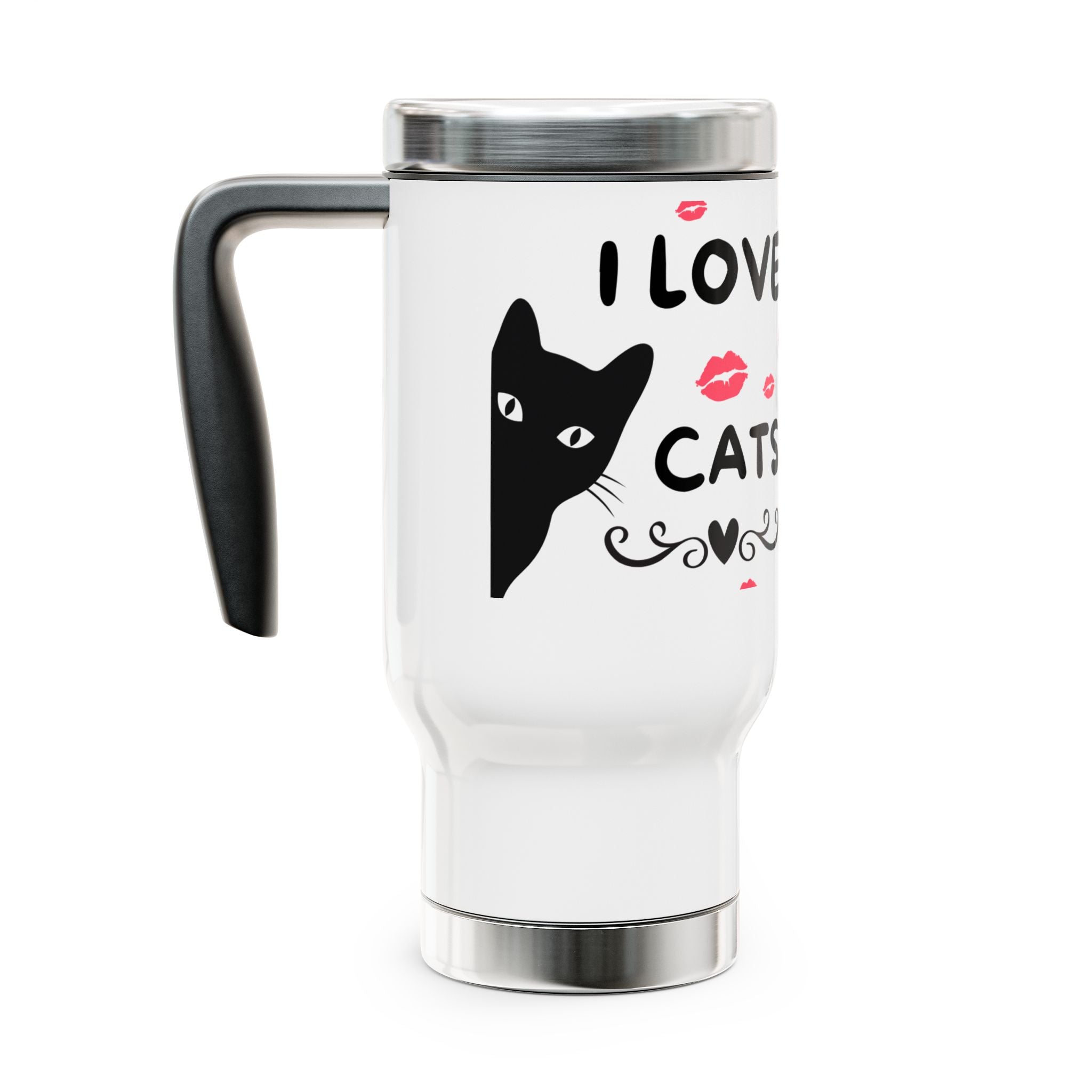 I Love Cats 14oz Stainless Steel Travel Mug with Handle — Cute Cat & Kiss Print