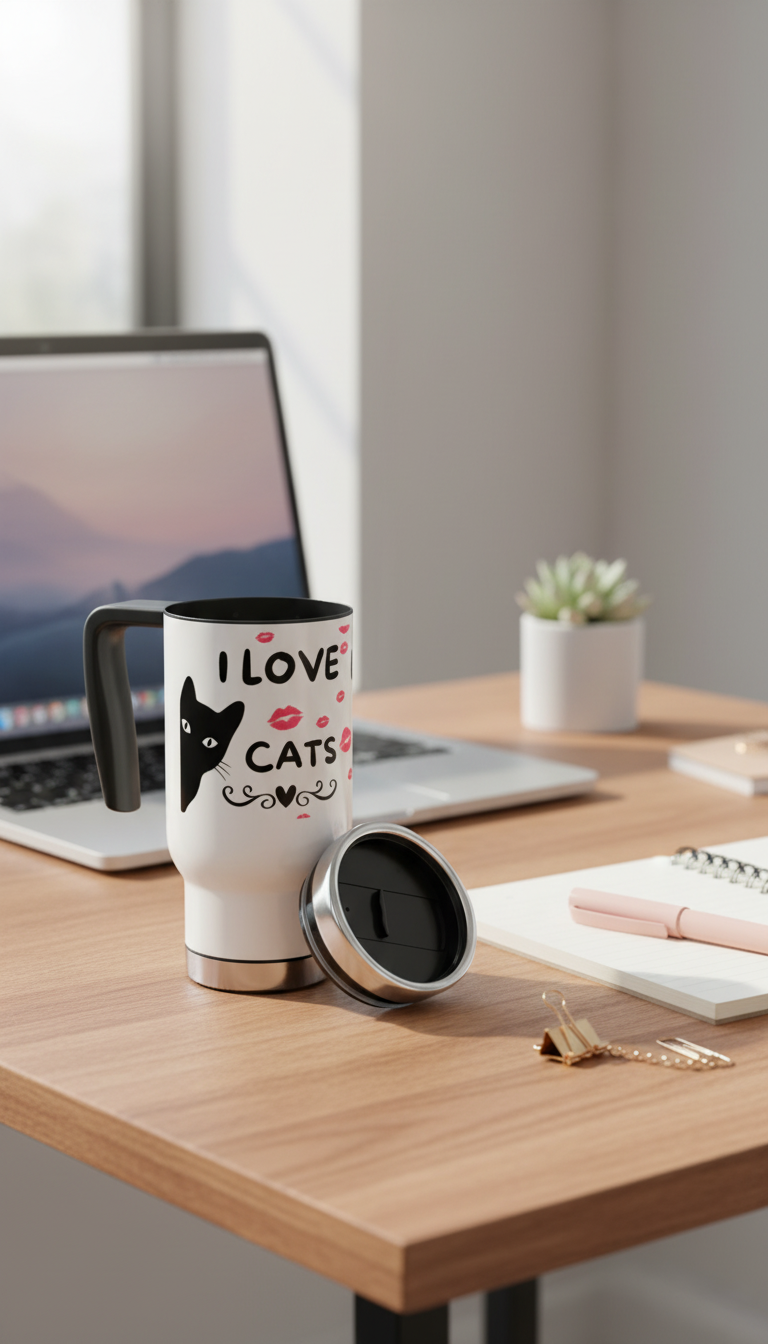 I Love Cats 14oz Stainless Steel Travel Mug with Handle — Cute Cat & Kiss Print