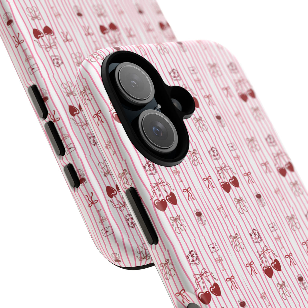 Cherry Pattern Phone Case — Cute Pink Heart & Cherry Design Tough Case