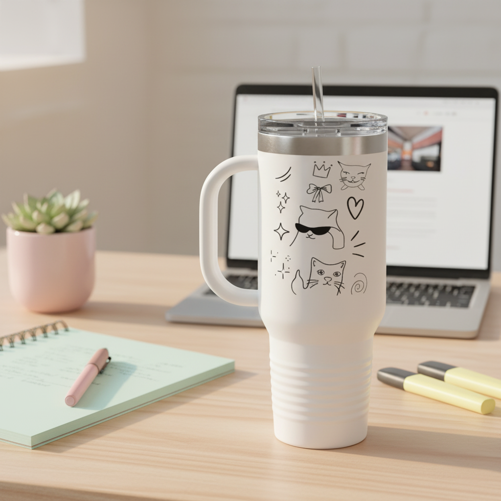 Doodle Cats Tumbler — Cute 40oz Insulated Travel Mug with Handle
