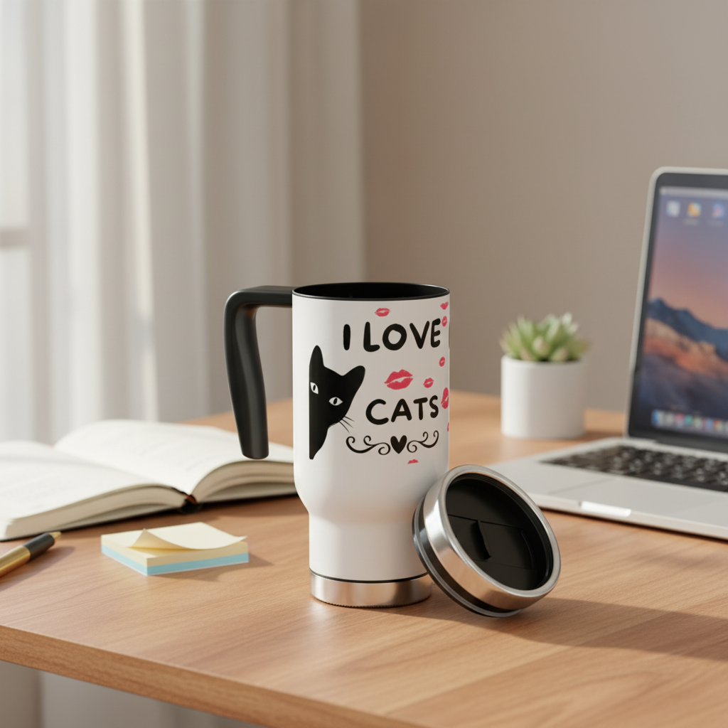 I Love Cats 14oz Stainless Steel Travel Mug with Handle — Cute Cat & Kiss Print