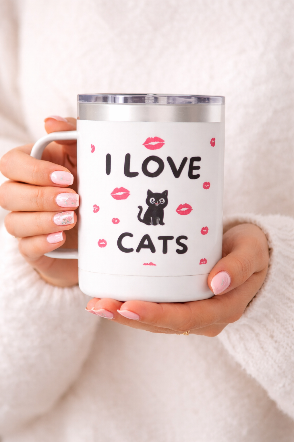 I Love Cats Travel Mug — 15oz Insulated Coffee Tumbler with Cute Cat & Kiss Design