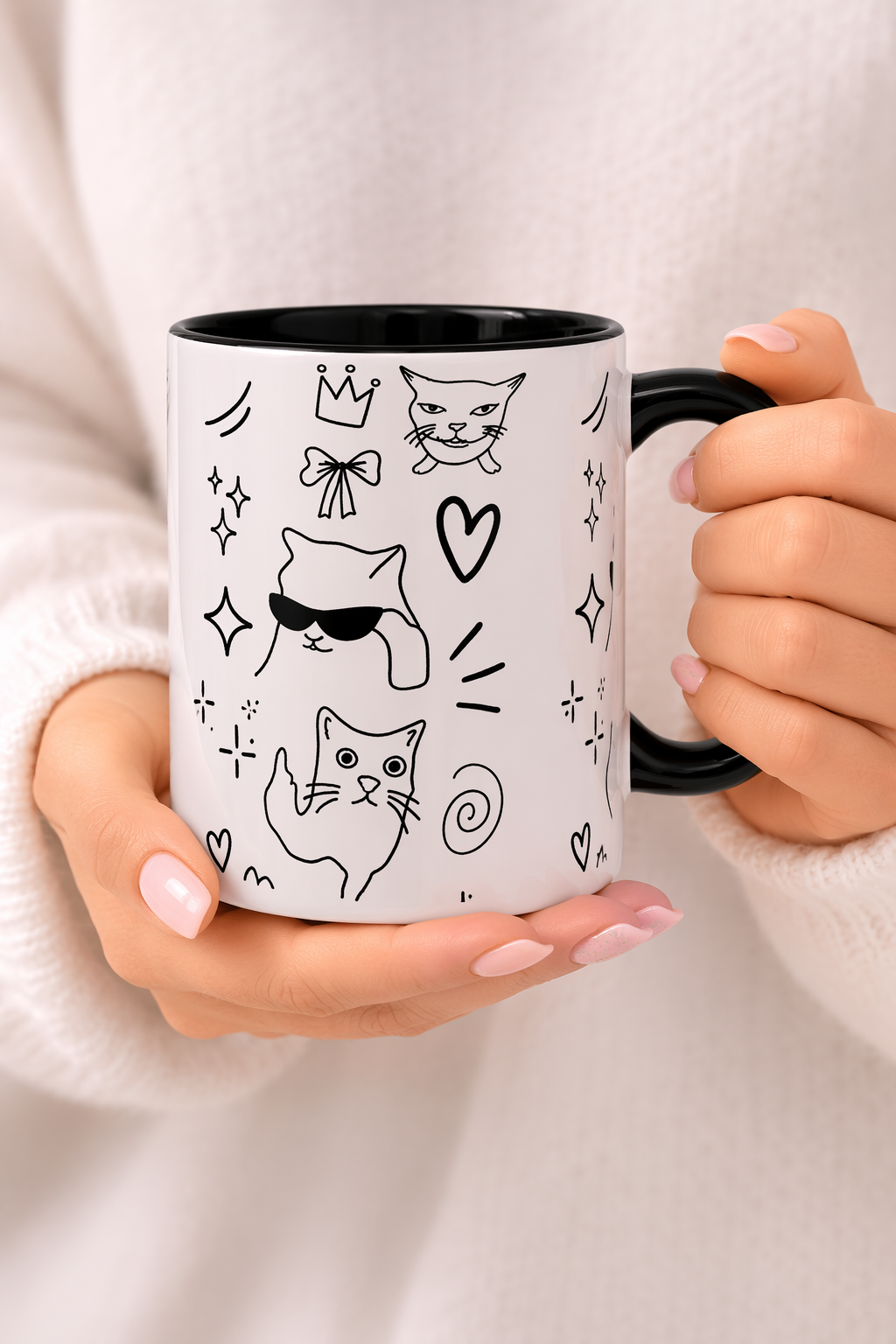 Doodle Cats Mug — Cute Black & White Kitty Design