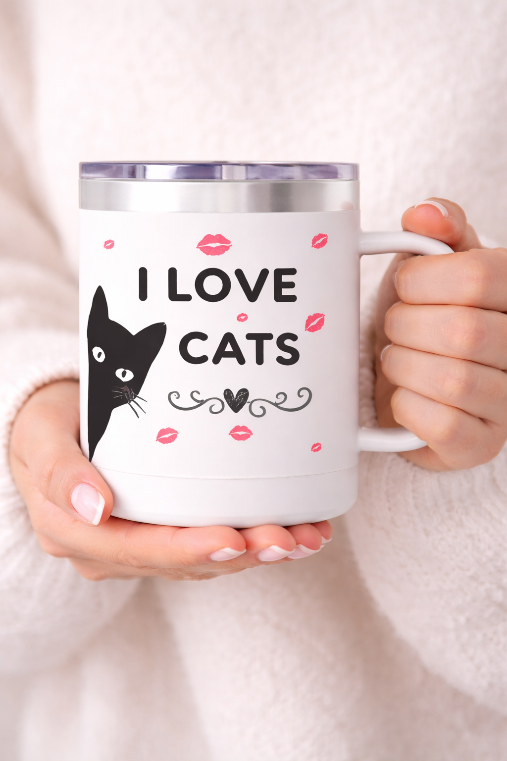 I Love Cats Travel Mug — 15oz Insulated Coffee Tumbler with Cute Cat & Kiss Design